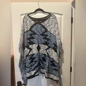 INC International Concepts Women’s Blue and White Poncho Fringed Sweater. L/XL